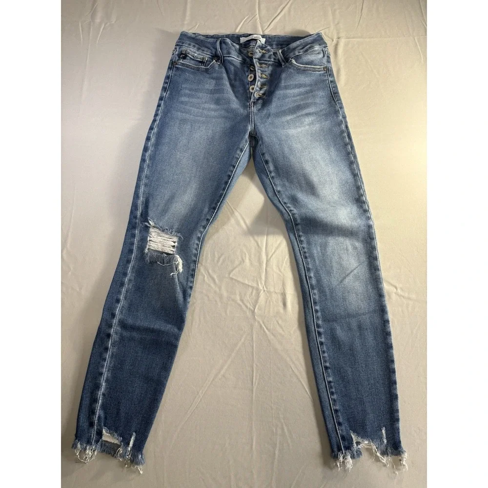 KanCan Curvy Women's Distressed Button‎ Fly Crop Skinny Jeans Raw Hem 11/29